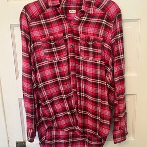 Pink, Red, Brown, and Blue Plaid Button-Up Shirt